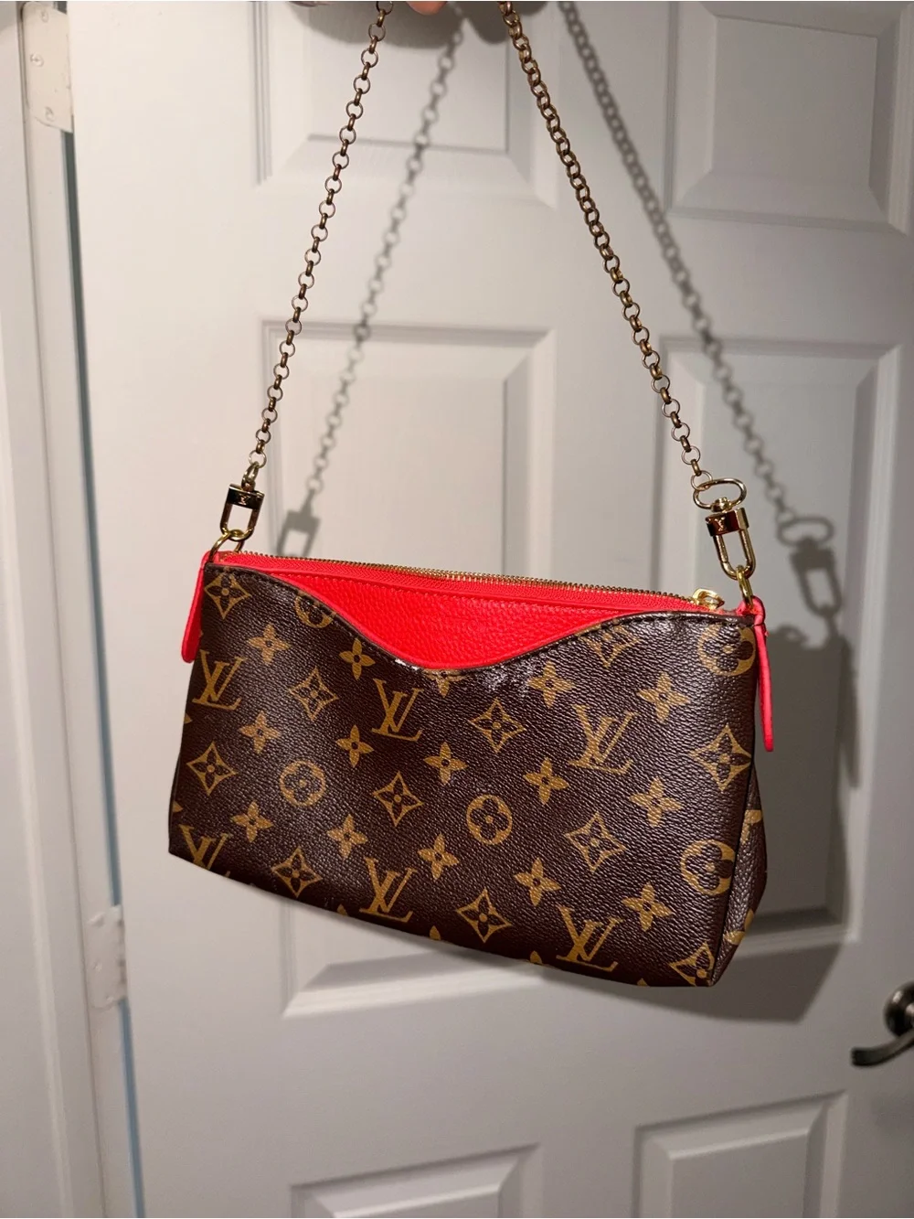 Louis Vuitton Monogram Canvas Crossbody with Bright Red Trim and Gold Chain